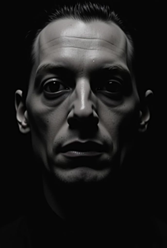 Make me look like a face similar to the look of Aníbal Lecter from "The Silence of the Lambs". Make me a cold and empty face and look. Make my face black and white. Make a shadow that goes from dark gray to light gray in a gradient almost imperceptibly, fi...