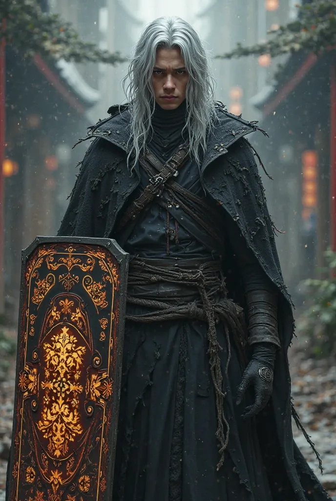 A tall young man with long silver hair and amber-colored eyes, wearing a black ragged coat over a modern samurai shield decorated with glowing Japanese patterns.

