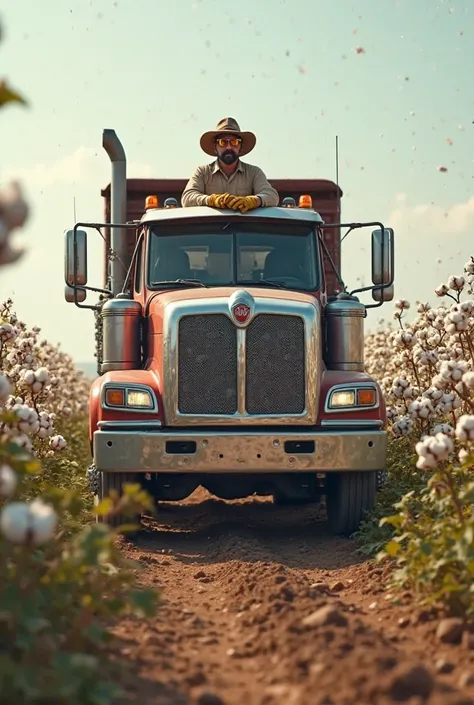 A Pakistani farmer driving his New Farming Truck in cotton field wearing safety gloves, safety shoes, safety goggles and hat. Should look realistic 4k and high quality image easy to understand.