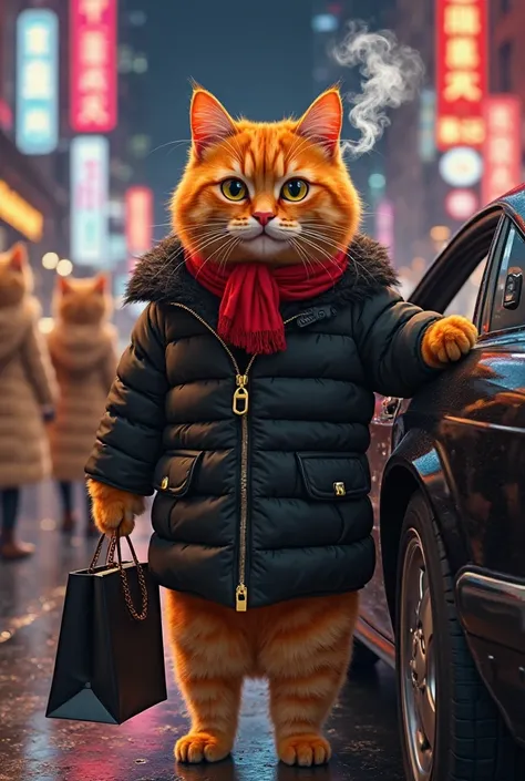 "A fluffy orange cat with luxurious fur steps confidently out of a high-end black luxury car, exhaling a puff of smoke from a sleek cigar. It wears the same stylish black puffer jacket with a gold zipper and a red scarf, just like in the reference image. I...