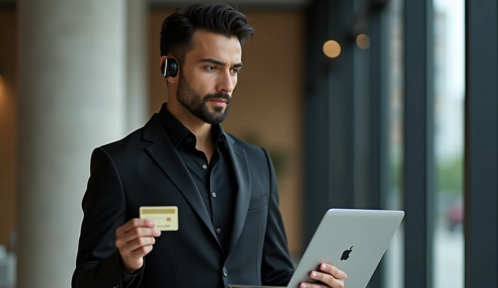 a Brazilian man dressed in black with a large earpiece, a credit card in hand and a laptop