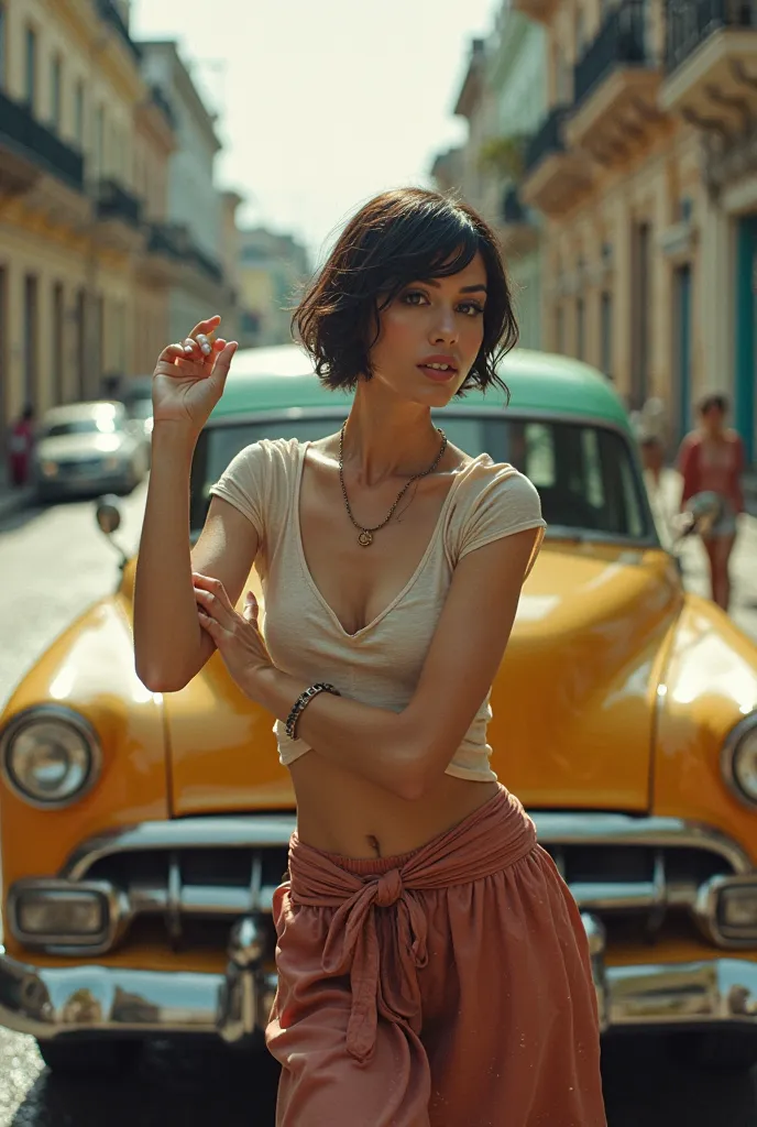  A woman dancing through the streets of Cuba   、short hair     ,           Hands Touching Clothes           , 期限切れの           shot on film           ,       woman posing in front of a classic car filmed on expired film Taken with a {x}         Hasselblad C...