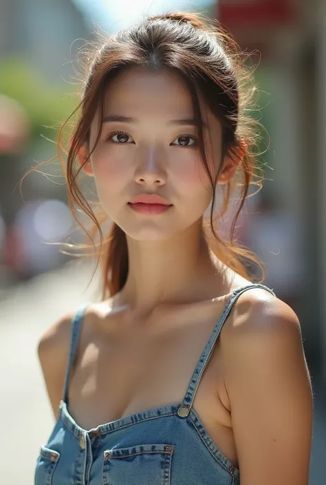 A stunning girl in the city, enjoying summer, seductive, with brown hair tied in a ponytail, wearing a denim dress, looking straight into the camera, with a symmetrical face. A masterpiece image with the best quality, high resolution, and extreme detail, s...