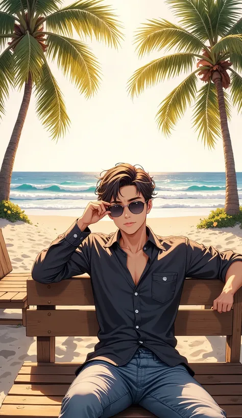 A young handsome man, light skin tone, rests on a wooden beachside bench. He is leaning back, his head in his hand, wearing sunglasses, a dark-colored button-down shirt, and blue jeans. His hair is dark and styled in a swept-back manner.  He's positioned i...