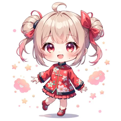 ( chibi:1.4), chibi character, chibi style, toe, (cwhite background:1.4),full body,masterpiece, high quality, 4K, HDR,, A girl with frills,  anime style,  with a cheerful smile、open your kiss partner's mouth wide、simple background、red china clothes、China、 ...