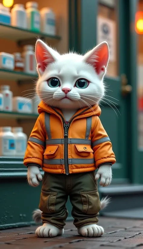 "An ultra-realistic 3D digital artwork depicting a small, anthropomorphic white cat wearing a reflective safety vest and rugged work pants, which have become slightly worn due to the harsh environment. The texture of the cat’s sweat-drenched clothing is re...