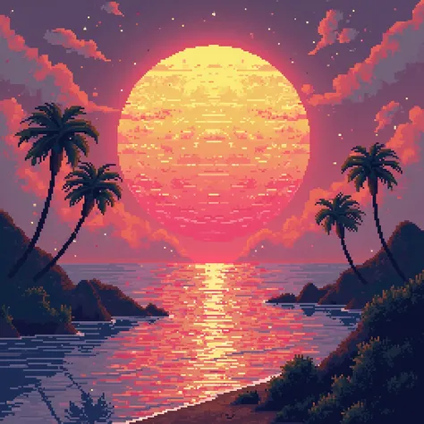 A sunset with a huge pixelated solar sphere in orange and purple tones, reflecting on the sea with stylized palm trees on the shore