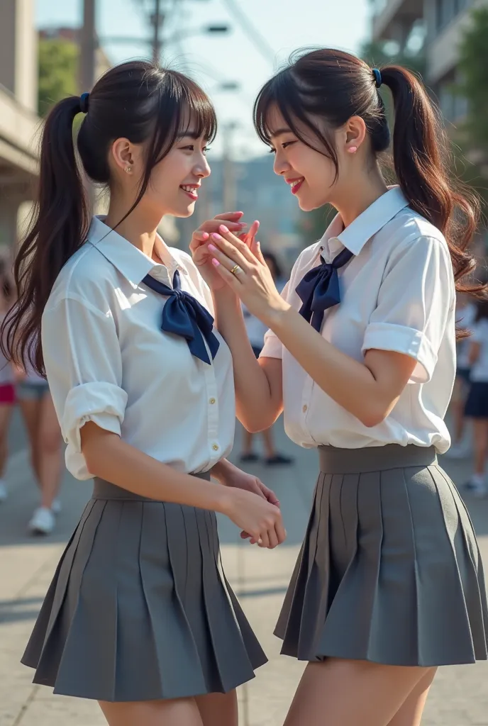 Two women、 Japanese、 about 20 years old、 is laughing、 ponytail and twin tail、white shirt、 navy blue ribbon、 gray pleated mini skirt、 dark hair、 are dancing、 real 、 photos、live-action、realistic,hyper detailed,high quality,