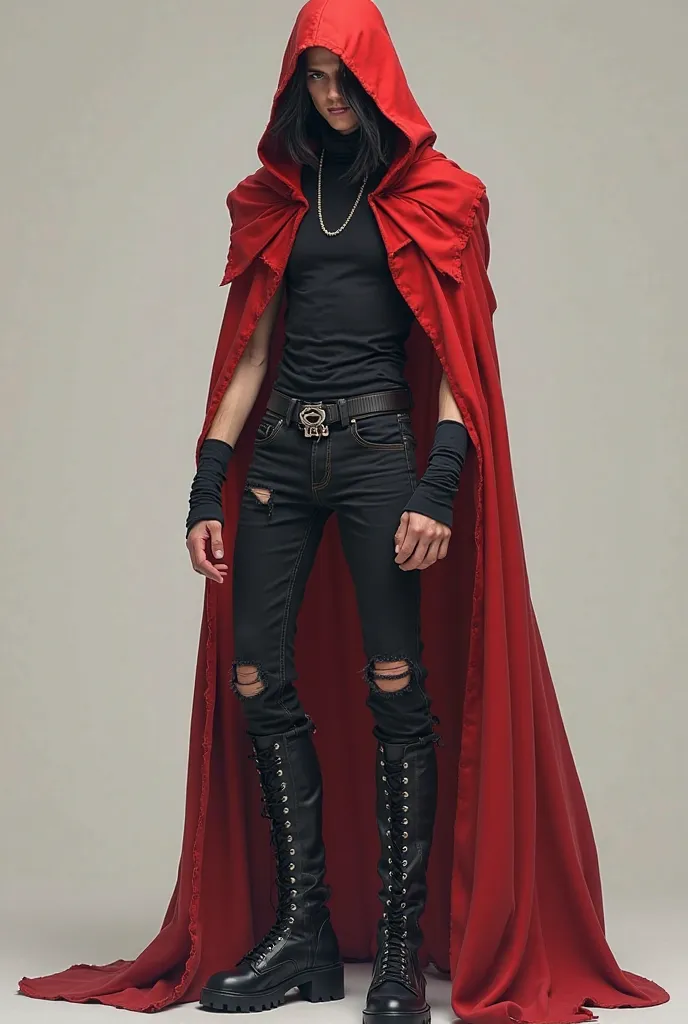 A skinny guy with black hair down to his shoulders wearing a red hooded cloak with a black sleeveless turtleneck underneath. He wore black ripped jeans with black double-soled boots over the knee. Very high and thick heel and a pearl crown underneath his h...