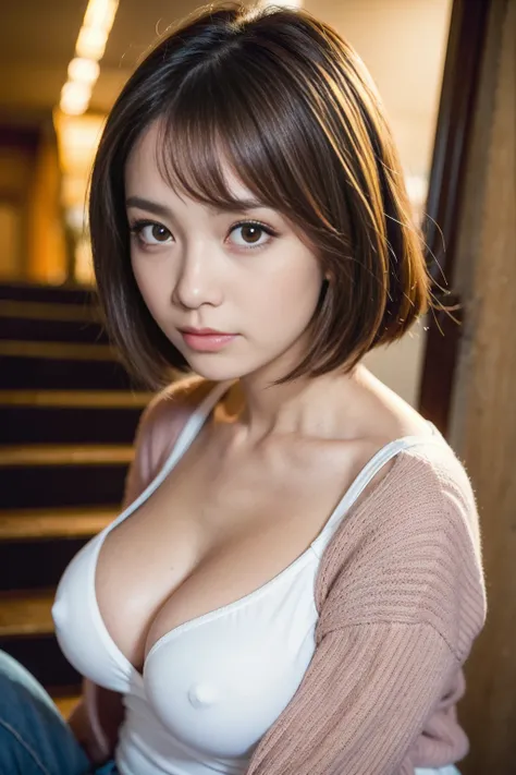 Highest quality, facial focus, Soft light, overtake高解像度, (photorealistic:1.4), RAW photo,
1 Japanese girl, Alone, cute, (pupil,  light in the eye),   beautiful face with attention to detail , (overtake巨乳),(high resolution human skin texture),
(short bob), ...