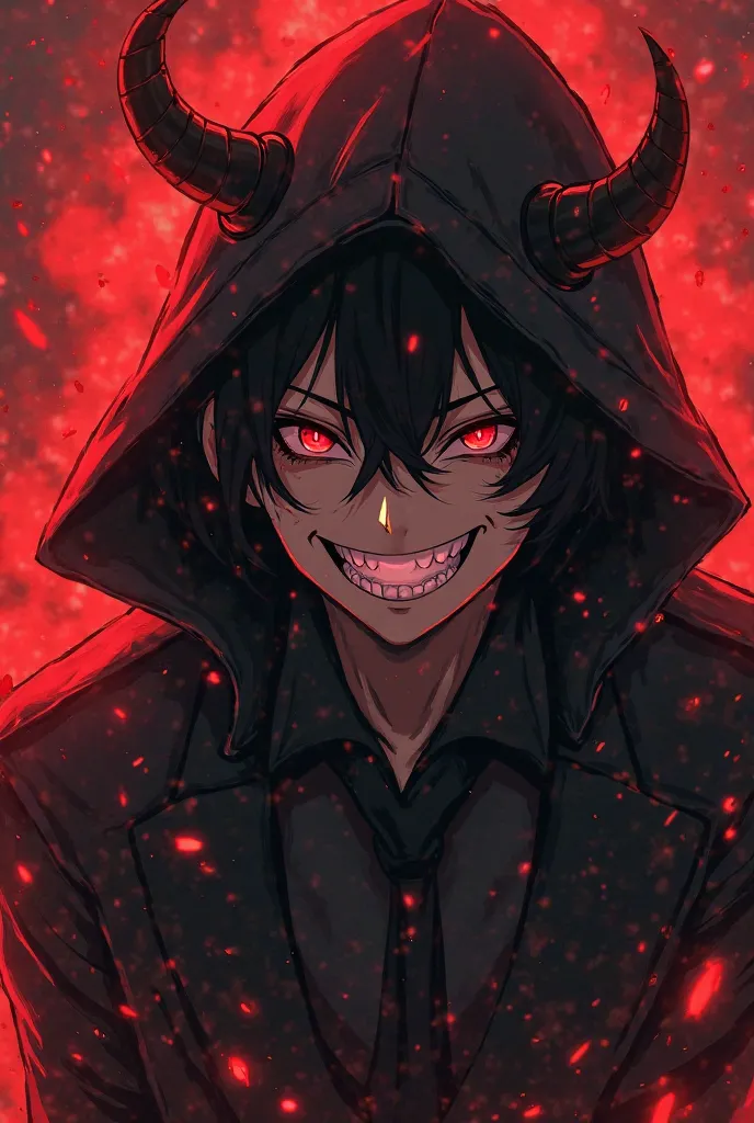 I want to cover the story of a hired killer without a black mask with a devilish laugh in red in an anime style that is easy to draw