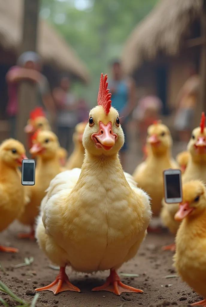 A funny scene of ducks and chickens doing a live stream on Facebook using tiny smartphones and webcams. Villagers in the background are cheering and setting up WiFi. The mood is playful, exaggerated, and humorous.