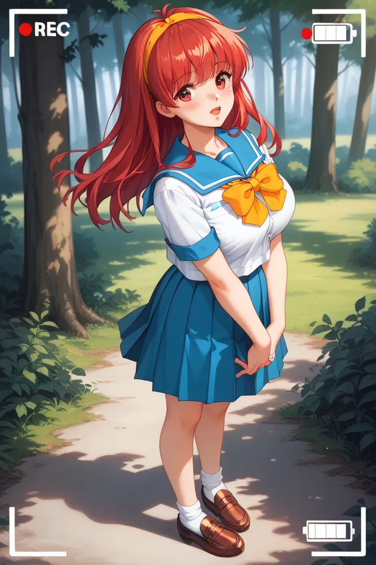 ShioriFujisaki,red hair,red eyes,long hair,hair band,1gail,school uniform,bkue sailor collar,pleated skirt,yellow bow,shoes,socks,recording,viewfinder,Forest Park,Short sleeve,bangs,blush,bottomless,eyebrows visible through hair,looking at viewer,open mout...