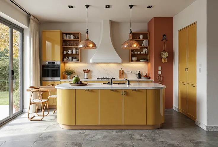 design me a modernized  art nouveau on Antoni Gaudi style open kitchen front view, with off white wall color and a terracotta column between cabinets, grey stone tiles flooring, make a yellow island for electric cooking with white top, connected to it a wo...