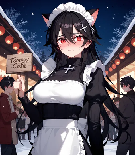 girl, Tomboy, black hair, in red eyes , long hair,Fierce face,fit, Slim , dark edges,student,big breasts,Sharp eyes,Maid Cafe Set,Cat ears,, shy ,,standing,festival,I'm so embarrassed.,Shy, turtleneck ,at night,snow,fit,Cross Ornament,Holding a sign