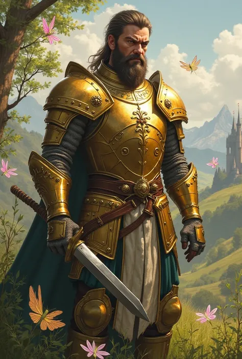 I WANT A WARRIOR IN A MEDIEVAL SETTING WITH FAIRIES AROUND ,AND HE'S WEARING GOLDEN ARMOR , with an angry face      