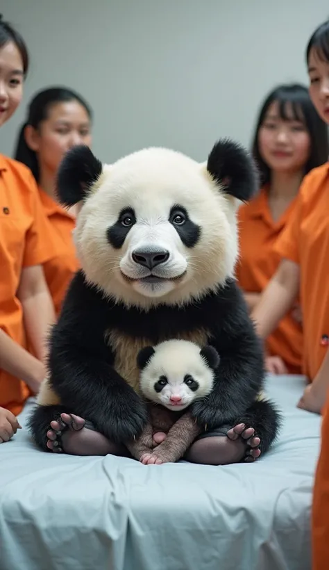 The panda is sitting on the bed, with two female doctors standing on the right side. On the left, six workers in orange uniforms are standing. The panda’s small baby is nestled in its lap, calmly resting."