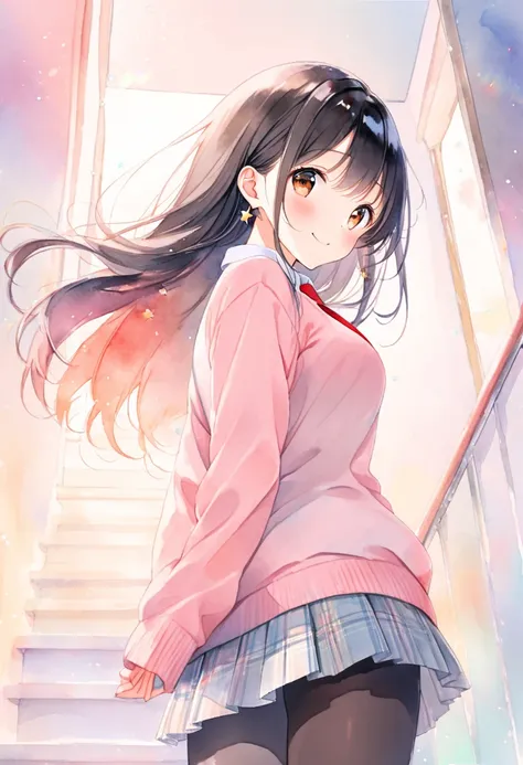 (ultra detailed:0.7), cover image, (soft pastel tones, watercolor, (bright color:1.3), transparent, gradation, harmonious and calm atmosphere:1.1), 
1girl, , brown eyes are shining and cute, black hair, long hair, extremely detailed neat hair,Straight hair...