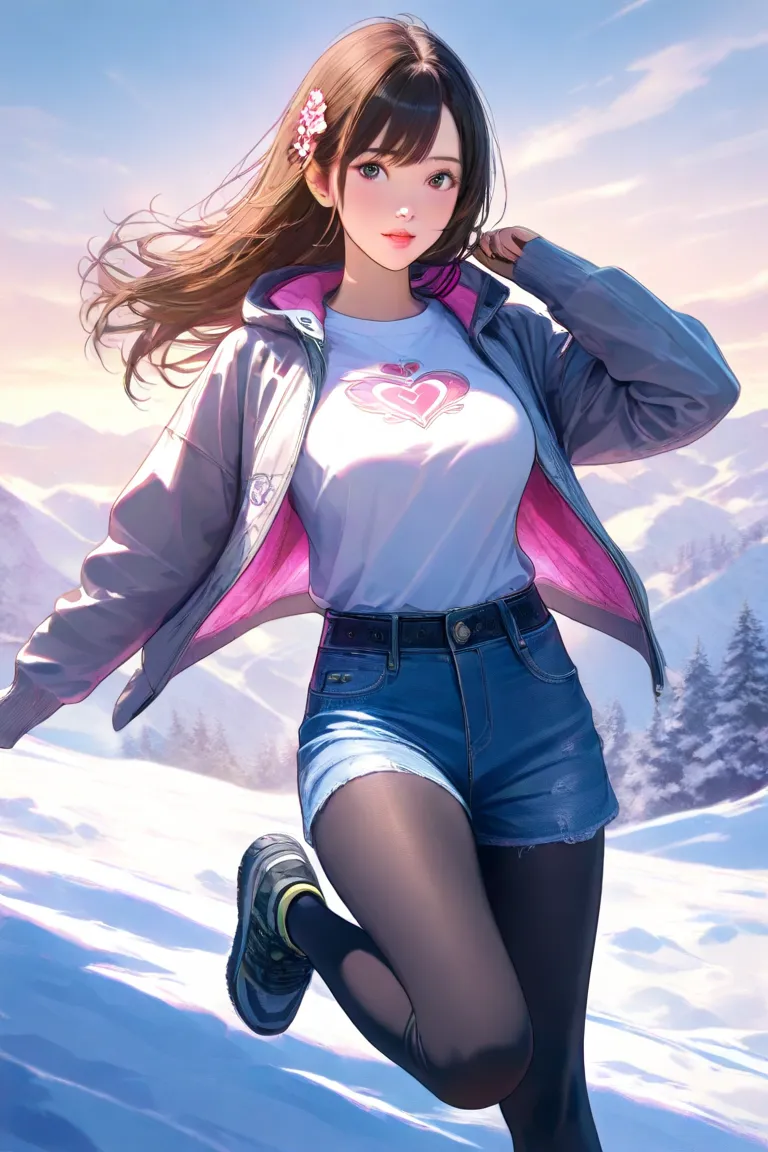 raise one leg　long brown hair　 pink large flower hair ornament 　 medium boobs when skiing　  pink heart 　 white shirt　denim hot pants　 gray jacket　 black tights　