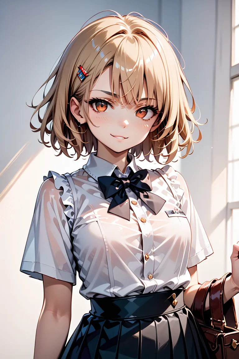 I generated images with the prompt: ‘young anime girl with short blonde hair, red eyes, and a confident smirk, wearing a tight white short-sleeve blouse with a black bow tie and a black pleated skirt, standing in a relaxed pose with one hand on her cheek, ...