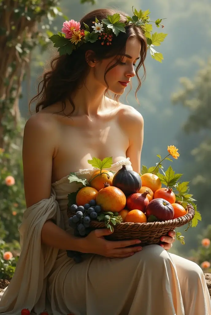 Create an artwork featuring a nude woman embodying the essence of a goddess of abundance and fertility. She is seated gracefully with her knees drawn up, cradling a basket overflowing with various fruits such as grapes, figs, and pomegranates. Her hair is ...