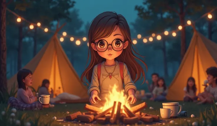  Anime style.  warm lighting . girl in round gold-rimmed glasses with long brown hair parted in the middle.  brown eyes. she has lots of friends around her. summer campfire camp with tents. lights between trees. cocoa mugs, everyone is frying marshmallow. ...