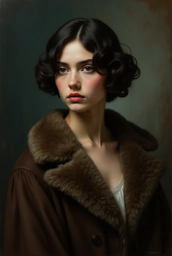 "A classical oil painting of a young woman with short, wavy dark hair, sharp yet melancholic eyes, and delicate, well-defined facial features. She wears a thick, dark brown fur coat draped over her shoulders, giving her an air of elegance and mystery. Her ...