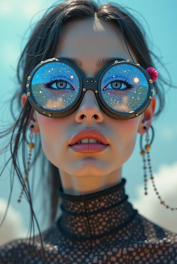 The model is wearing glass sunglasses with stars and the moon on the glass