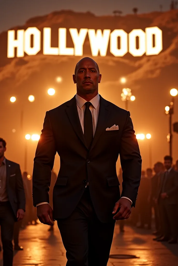 Dwayne Johnson walks in front of the iconic Hollywood inscription, wearing an elegant outfit. The gaze is straight forward, decided , with a slight smile of confidence. Behind him , the spotlight of a movie set and the logo of a large studio. The atmospher...