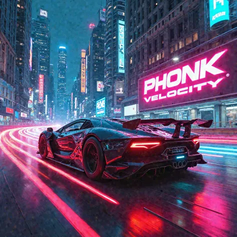 A futuristic cyberpunk album cover for 'Phonk Velocity'. A sleek, high-tech sports car speeds through a neon-lit city at night, leaving behind glowing red and blue light trails. The atmosphere is electric, with towering skyscrapers illuminated by digital b...