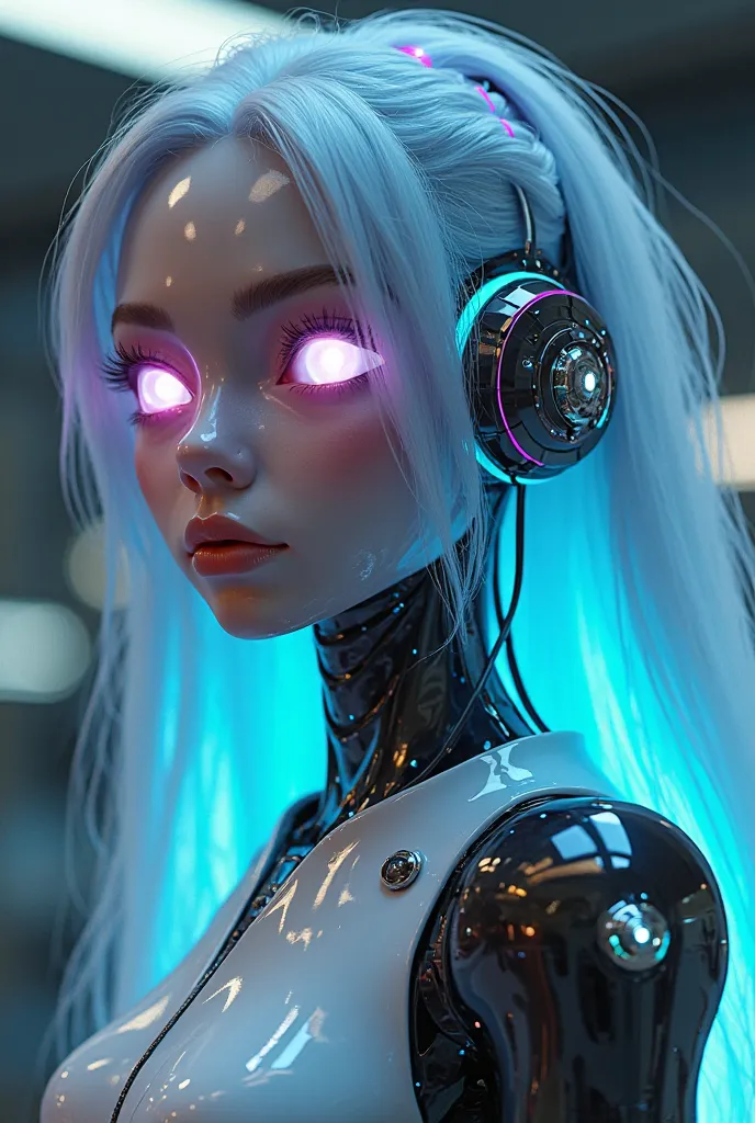 Create a futuristic virtual robot character designed for engaging conversations. The robot should have an elegant and sleek design, featuring: Facial Features: robot-like face with expressive, luminous eyes that convey emotion and intelligence. The eyes sh...