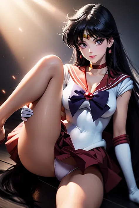 1 girl, (sailor mars), black hair, blue eyes, blush, breasts, cleavage, collarbone, shy, nails, hair ornament, looking at viewer, shy smile, parted lips, gray schoolgirl skirt, raised skirt, white lace thong, white elbow-length gloves, knee-high stockings,...