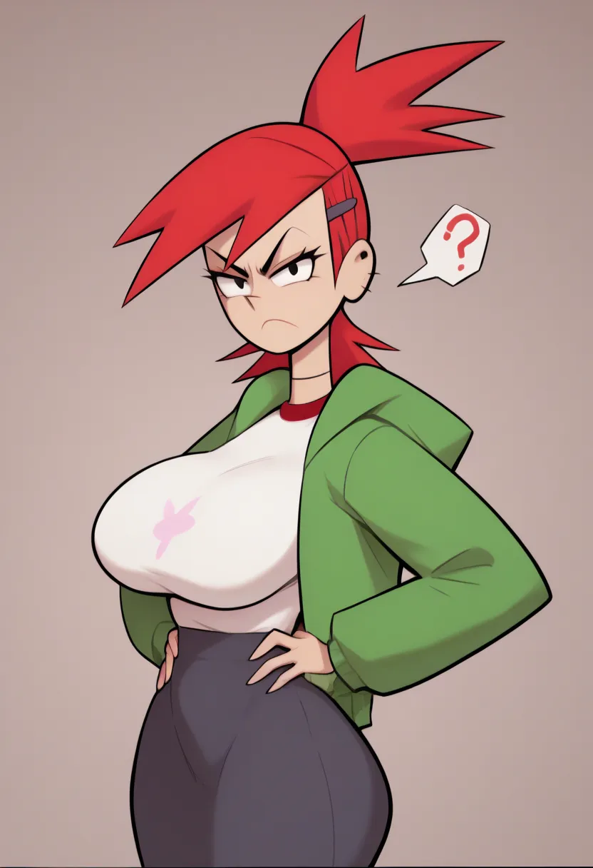 high quality,FrankieFoster,solo,red hair,green jacket, white shirt, black short, thick thighs and slim waist, Fat Ass,big breasts,bursting breasts,(question mark next to head),hands on waist,looking at viewer,angry,