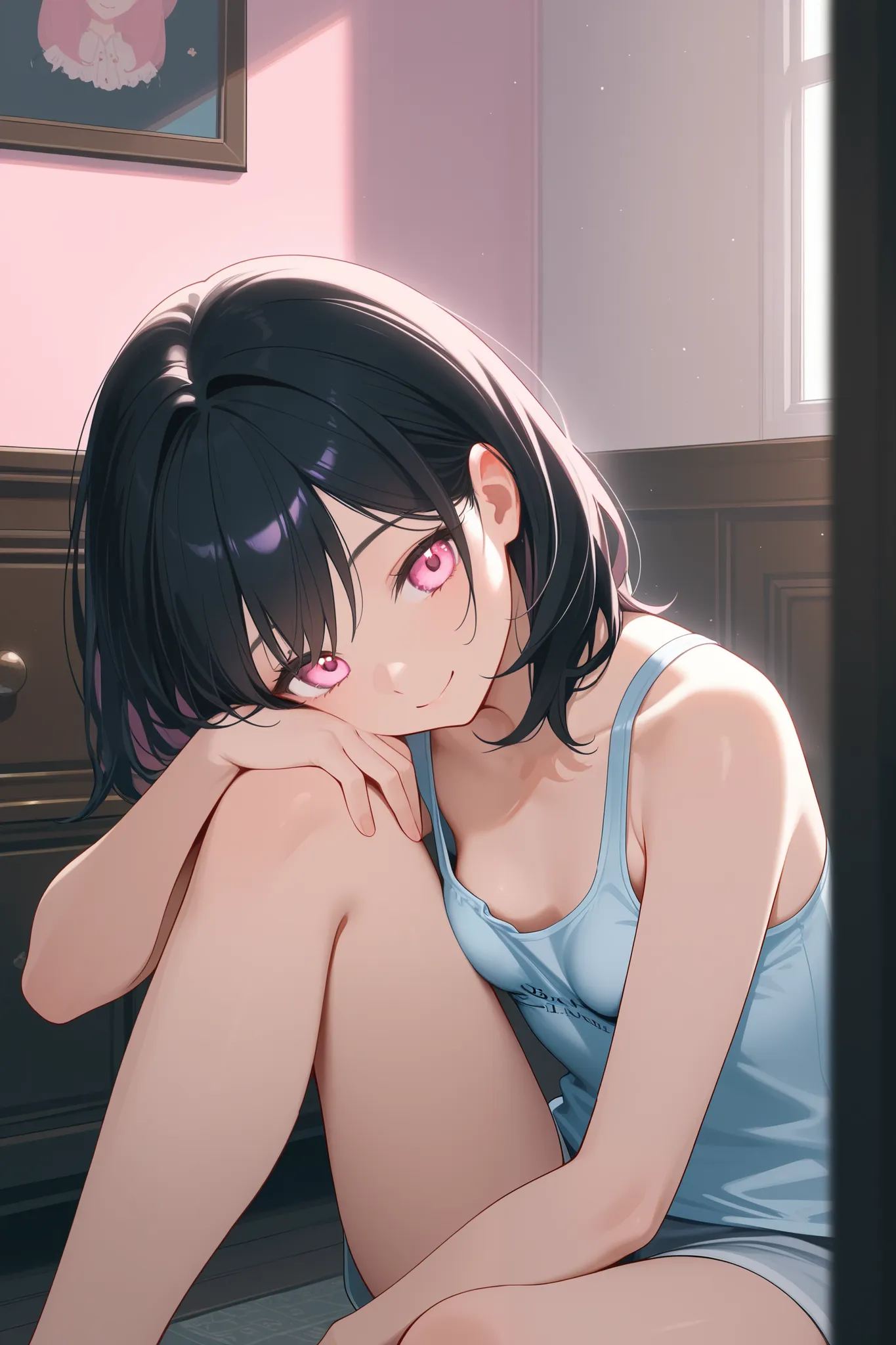 best quality, ultra detailed,8k, 1girl ,head to knee,smile,,(15yo),small breasts,( Chest Valley),medium hair,black hair,,break,(pink eyes,beautiful detailed eyes),girls room