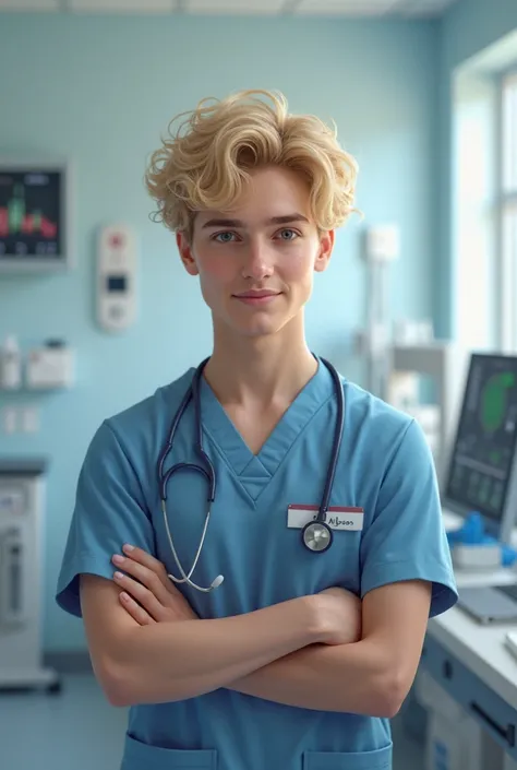 curly haired blond man, nurse