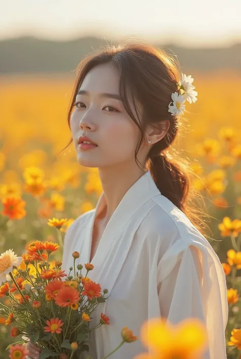 A beautiful Korean girl is wearing a white Odie listening to music ,  masterpiece, is best,  actual :1.3,in a field of Flowers, holding bundle of Flowers,  sunshine, backlit, Emotional Depth, Flowers, Flower Field, bloom, super detailed,  movie particle  