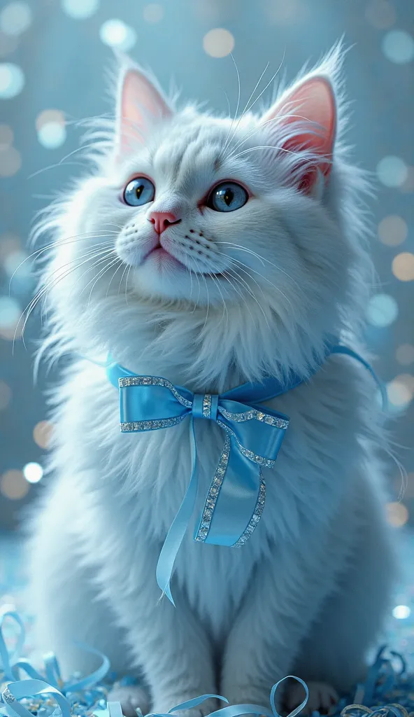 ( masterpiece、Highest quality、super high quality、beautiful and beautiful:1.2)、(giant Angora cat  with ice blue hair and ribbon)、Fluffy fur、front、smile、(theme: lots of ribbons)、 adult suits、Lace ribbon、 rich 、fractal curly hair、(double exposure、Intersecting...