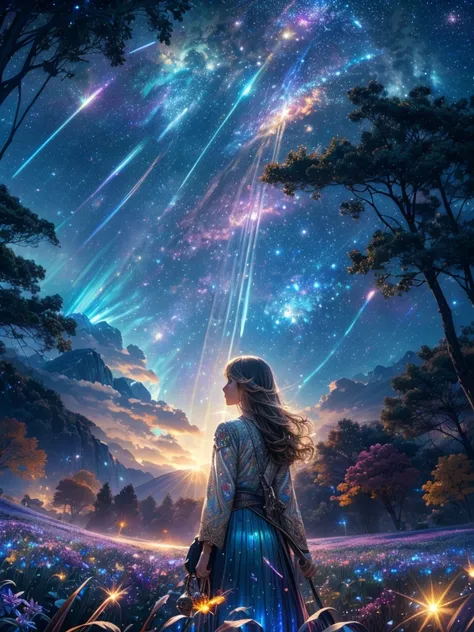  expansive landscape photograph  , (a view from below that shows sky above and open field below), a girl standing on flower field looking up, (take the key:1.2), ( shooting stars:0.9), (nebula:1.3), distant mountain, tree breaking production art, (source o...