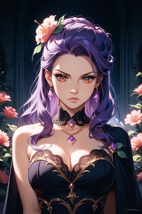 Bewitching Beauty, Looking Down, Serious Face, Glamorous Woman, Purple Hair, Demon's Kado Flower