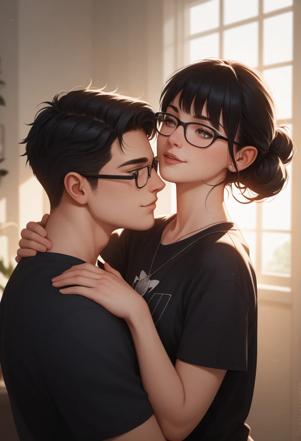 Boy and girl look each other, black hair, black shirt, the boy wear eyes glass