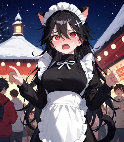 girl, Tomboy, black hair, in red eyes , long hair,Fierce face,fit, Slim , dark edges,student,big breasts,Sharp eyes,Maid Cafe Set,Cat ears,, shy ,,standing,festival,I'm so embarrassed.,Shy, turtleneck ,at night,snow,fit,Cross Ornament,Open your mouth,s...