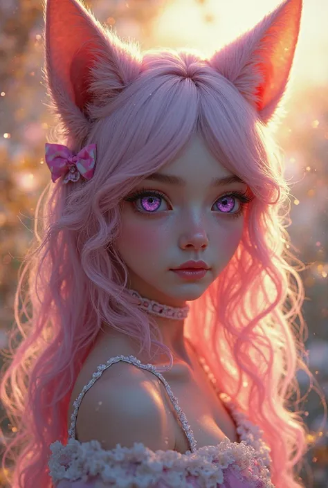 A Long Hair, High Resolution, Long Hair, Cat Ears, Purple Eyes, Cowboy Shot, Hair Bow, Lens Flare, 8K Octane, 