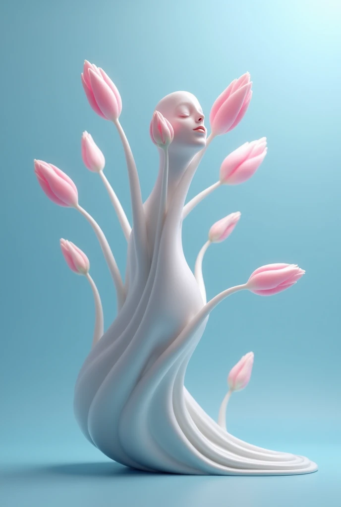 pink tulip buds on the contour of the figure 0 blue background