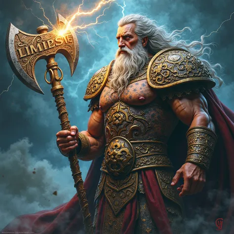 A majestic depiction of Perun, the Slavic god of thunder, standing powerfully with a massive axe crackling with lightning. He has a strong warrior physique, a long flowing beard, and wears ancient Slavic armor adorned with intricate engravings. Storm cloud...