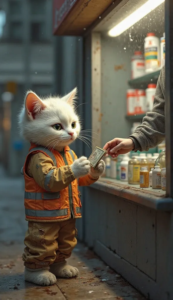 "An ultra-realistic 3D digital artwork depicting a small anthropomorphic white cat wearing a reflective safety vest and rugged work pants, slightly worn due to harsh conditions. The cat’s clothing, soaked in sweat, is rendered with perfect texture, creatin...