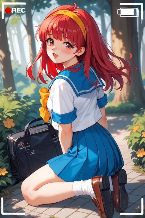 ShioriFujisaki,red hair,red eyes,long hair,hair band,yellow hairband,white serafuku,1gail,school uniform,blue sailor collar,blue pleated skirt,yellow bow,shoes,socks,recording,viewfinder,Forest Park,Short sleeve,bangs,blush,eyebrows visible through hair,lo...