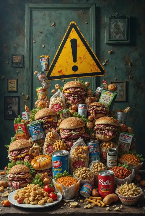 Make an image of processed foods with a health warning 