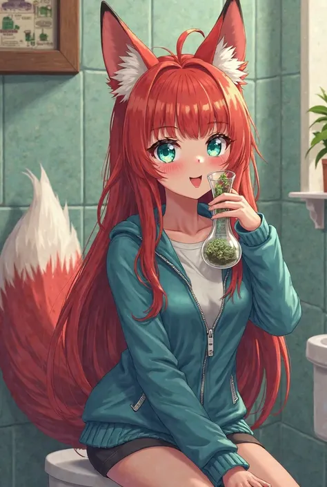 Anime fox girl with red hair and long fox ears,her hair is long and disheveled with bright turquoise eyes,that are a little red from smoking herbs earlier. She has a blue sports jacket that is too big on her and she is sitting in the bathroom and holding a...