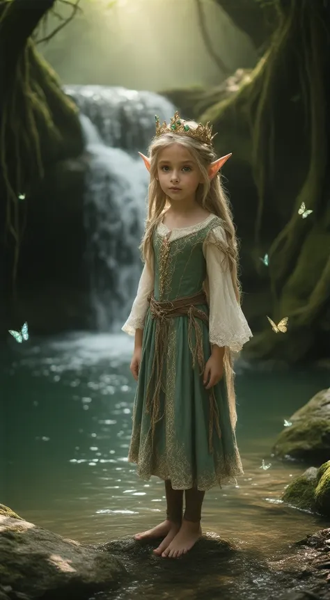 "A young miniature elven princess stands at the edge of a crystal-clear river, near a cascading waterfall that flows gently into a serene pool. The water glistens under the soft golden light filtering through the dense enchanted forest. Moss-covered rocks ...