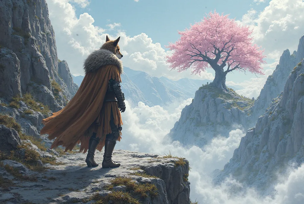 A lone knight wearing a long fluffy brown fur cloak, and wolf head fur helmet, walking up a rocky mountain side towards a tall cherry blossom tree off in the distance surrounded by clouds